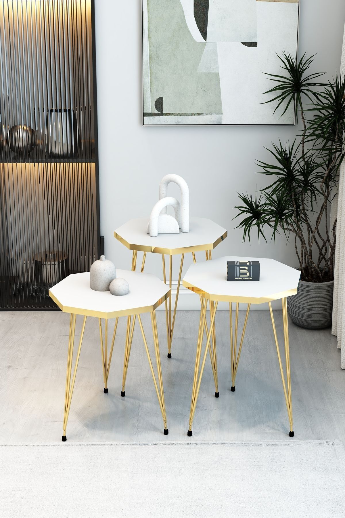 3'lü Sekizgen Zigon Sehpa Seti - Gold Metal Ayaklı, Modern & Şık Yan Sehpa, Dayanıklı Salon Ofis Beyaz