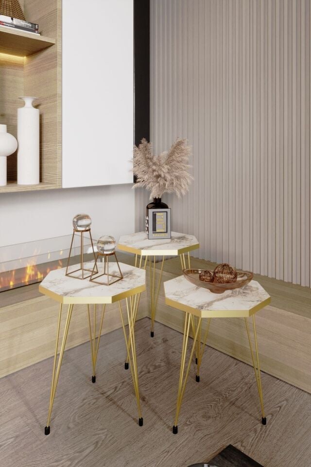 3'lü Sekizgen Zigon Sehpa Seti - Gold Metal Ayaklı, Modern & Şık Yan Sehpa, Dayanıklı Salon Ofis Beyaz