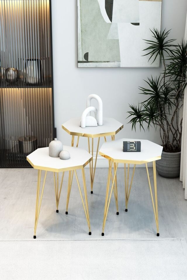 3'lü Sekizgen Zigon Sehpa Seti - Gold Metal Ayaklı, Modern & Şık Yan Sehpa, Dayanıklı Salon Ofis Beyaz