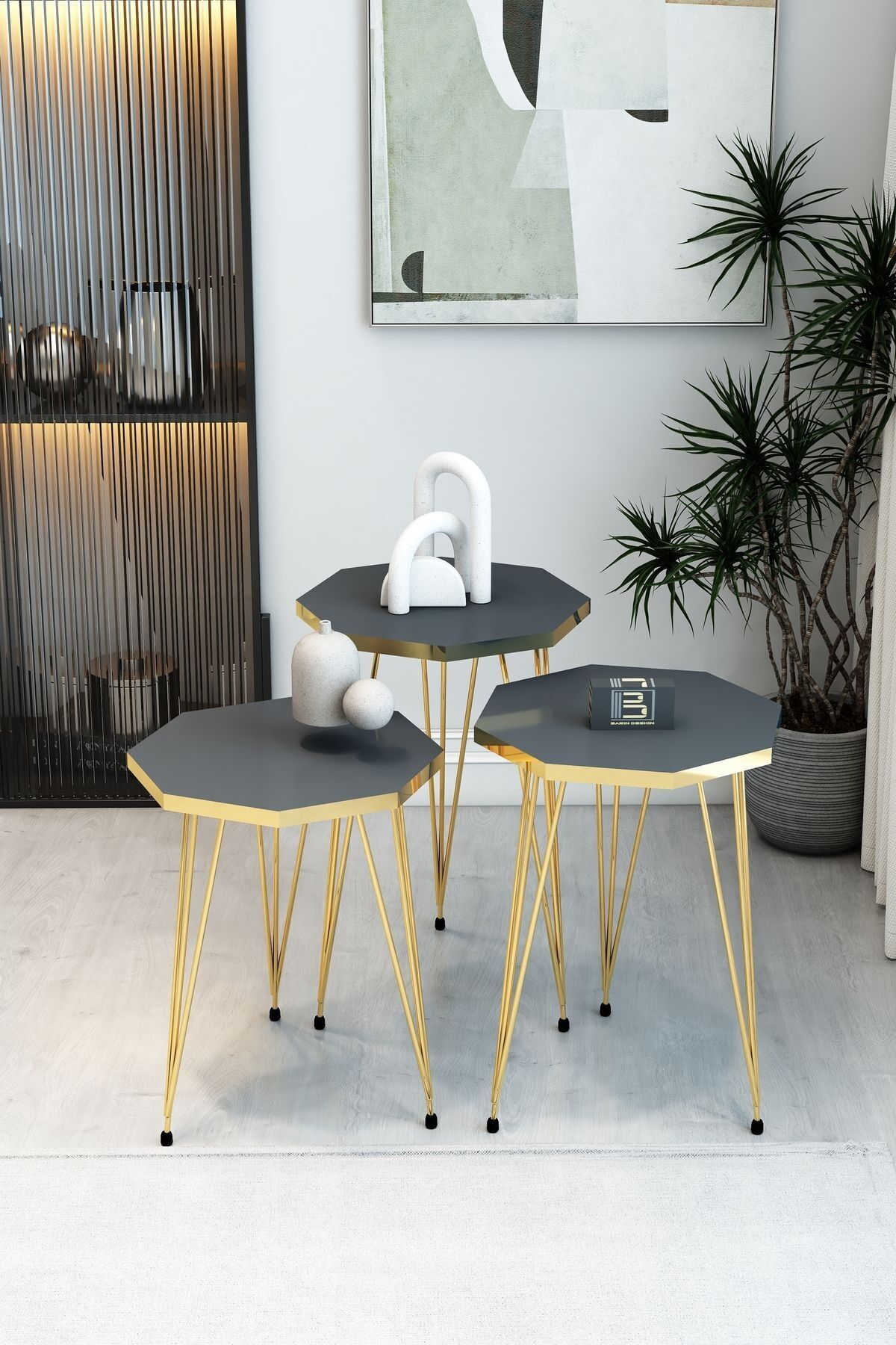 3'lü Sekizgen Zigon Sehpa Seti - Gold Metal Ayaklı, Modern & Şık Yan Sehpa, Dayanıklı Salon Ofis Antrasit