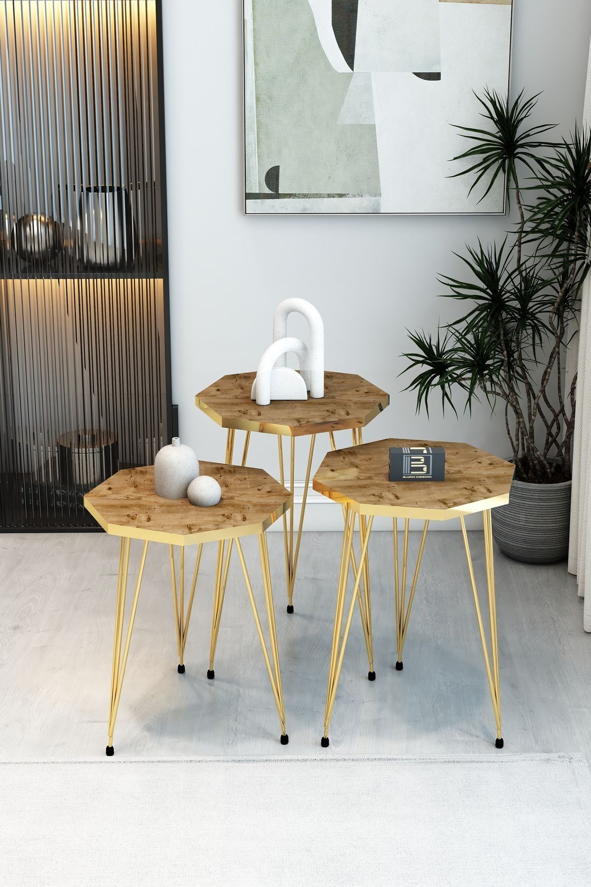 3'lü Sekizgen Zigon Sehpa Seti - Gold Metal Ayaklı, Modern & Şık Yan Sehpa, Dayanıklı Salon Ofis Atlantik Çam