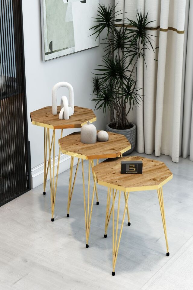 3'lü Sekizgen Zigon Sehpa Seti - Gold Metal Ayaklı, Modern & Şık Yan Sehpa, Dayanıklı Salon Ofis Atlantik Çam