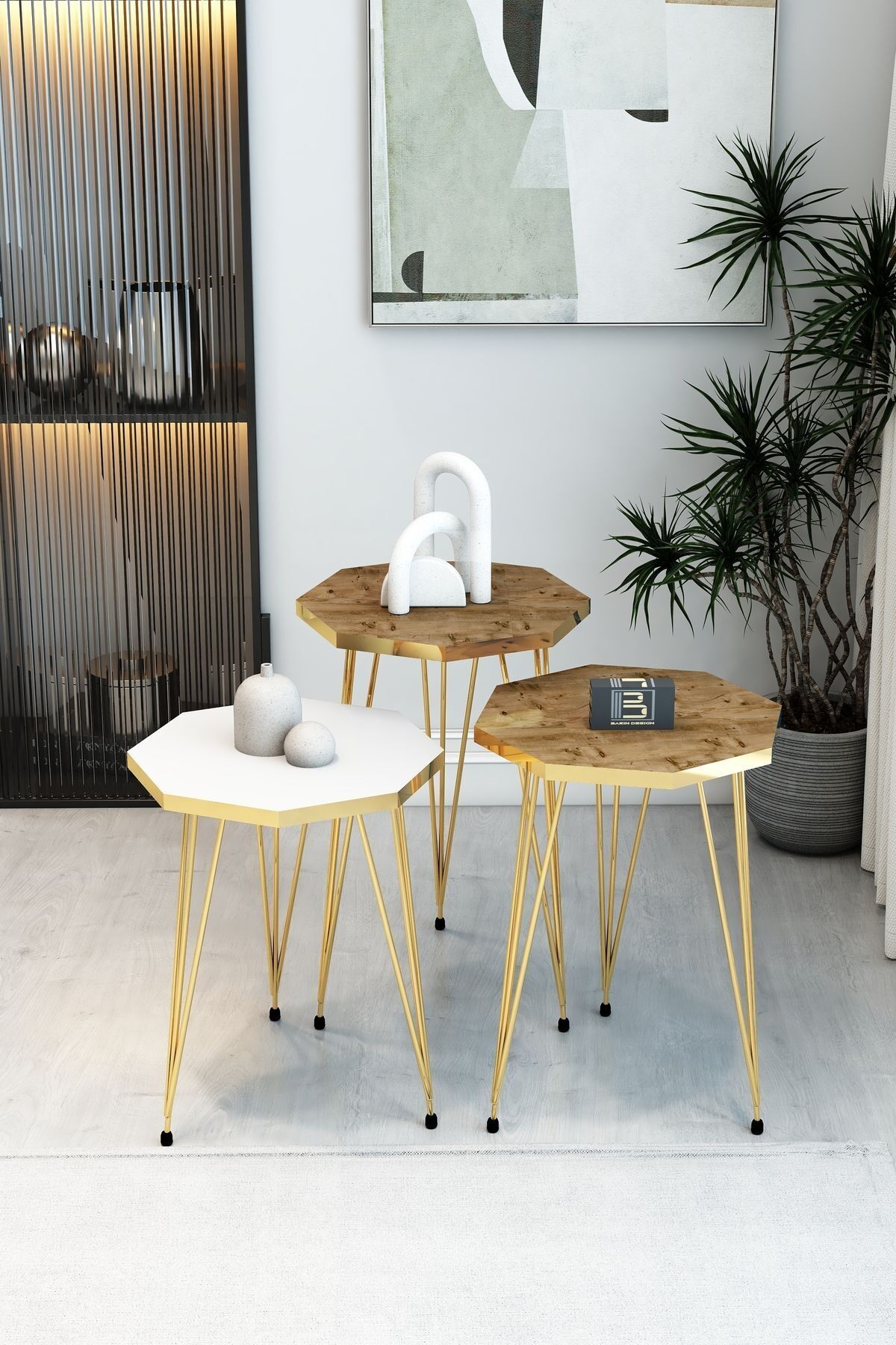 3'lü Sekizgen Zigon Sehpa Seti - Gold Metal Ayaklı, Modern & Şık Yan Sehpa, Dayanıklı Salon Ofis 1 Beyaz 2 Atlantik Çam