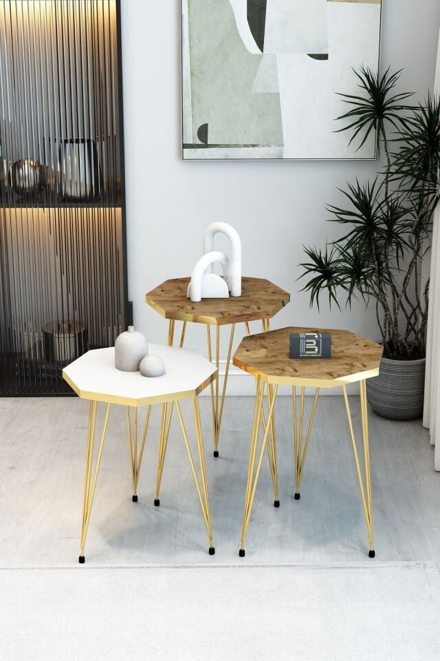 3'lü Sekizgen Zigon Sehpa Seti - Gold Metal Ayaklı, Modern & Şık Yan Sehpa, Dayanıklı Salon Ofis 1 Beyaz 2 Atlantik Çam