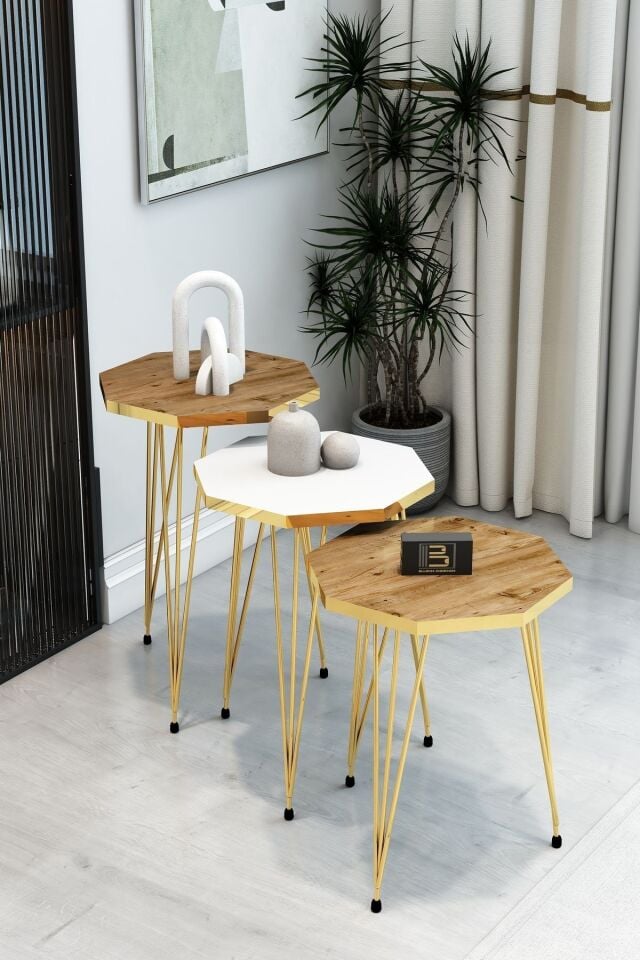 3'lü Sekizgen Zigon Sehpa Seti - Gold Metal Ayaklı, Modern & Şık Yan Sehpa, Dayanıklı Salon Ofis 1 Beyaz 2 Atlantik Çam