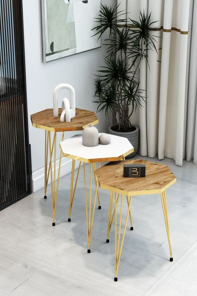 3'lü Sekizgen Zigon Sehpa Seti - Gold Metal Ayaklı, Modern & Şık Yan Sehpa, Dayanıklı Salon Ofis 1 Beyaz 2 Atlantik Çam