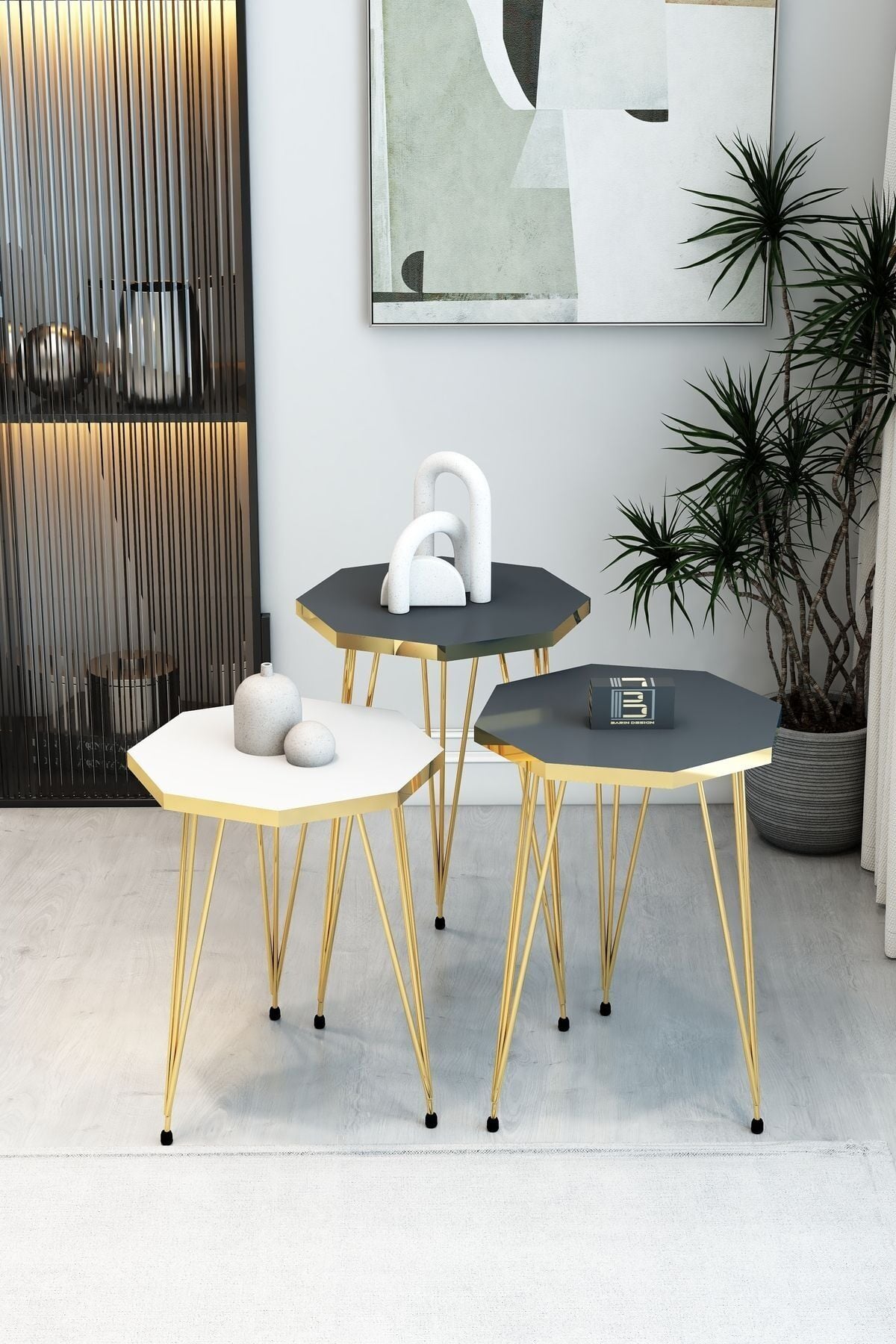 Barın Design 3'lü Sekizgen Zigon Sehpa Seti - Gold Metal Ayaklı, Modern & Şık Yan Sehpa, Dayanıklı Salon Ofis 1 Beyaz 2 Antrasit