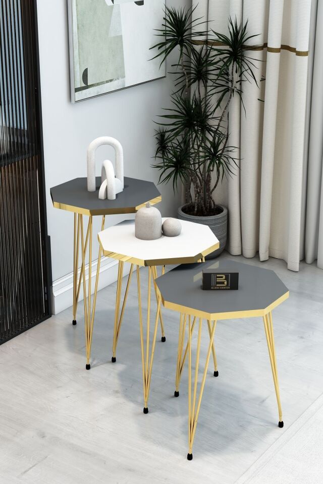 3'lü Sekizgen Zigon Sehpa Seti - Gold Metal Ayaklı, Modern & Şık Yan Sehpa, Dayanıklı Salon Ofis 1 Beyaz 2 Antrasit