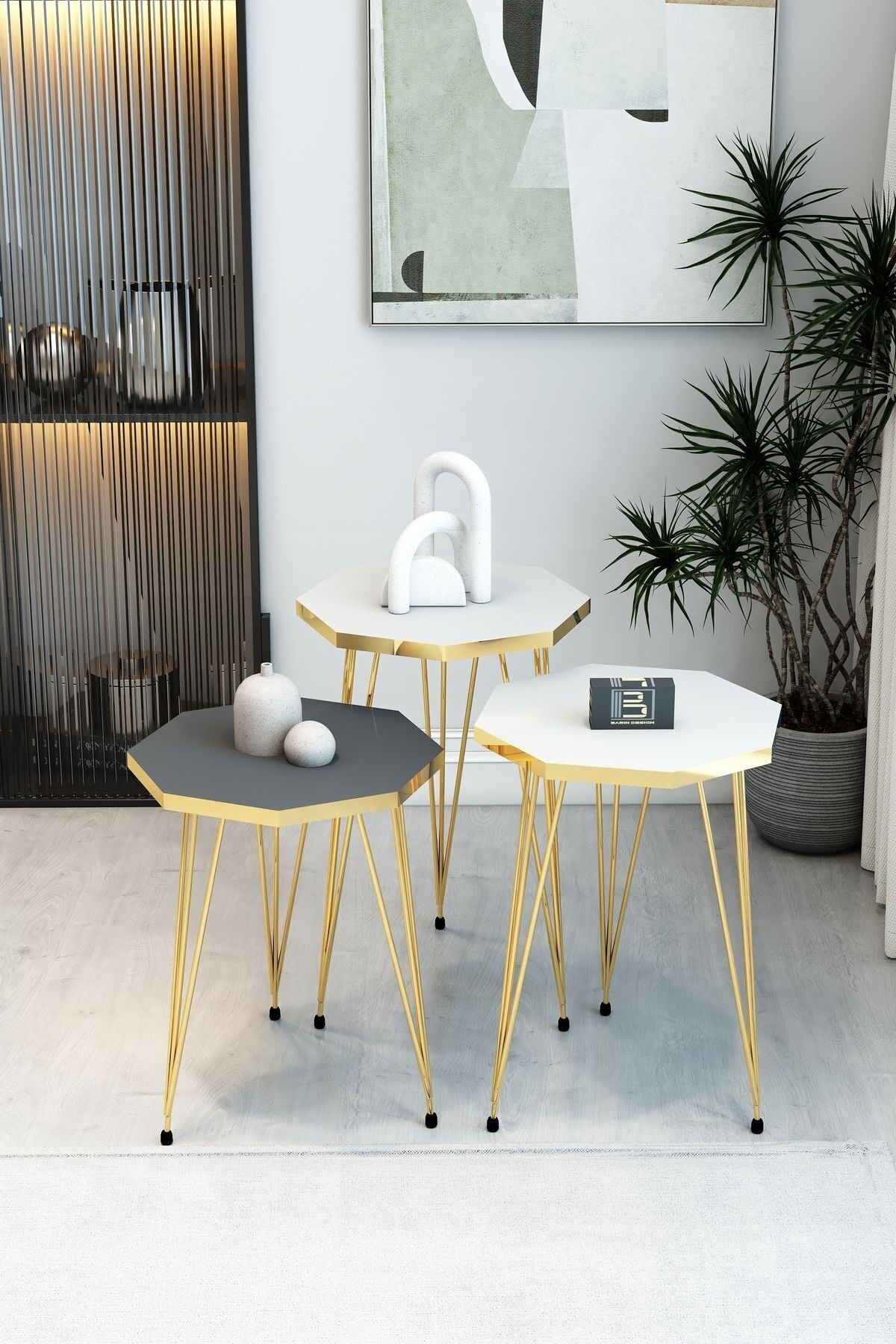 Barın Design 3'lü Sekizgen Zigon Sehpa Seti - Gold Metal Ayaklı, Modern & Şık Yan Sehpa, Dayanıklı Salon Ofis 2 Beyaz 1 Antrasit