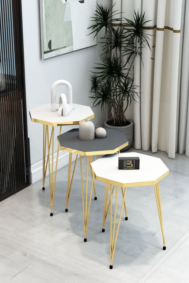 3'lü Sekizgen Zigon Sehpa Seti - Gold Metal Ayaklı, Modern & Şık Yan Sehpa, Dayanıklı Salon Ofis 2 Beyaz 1 Antrasit