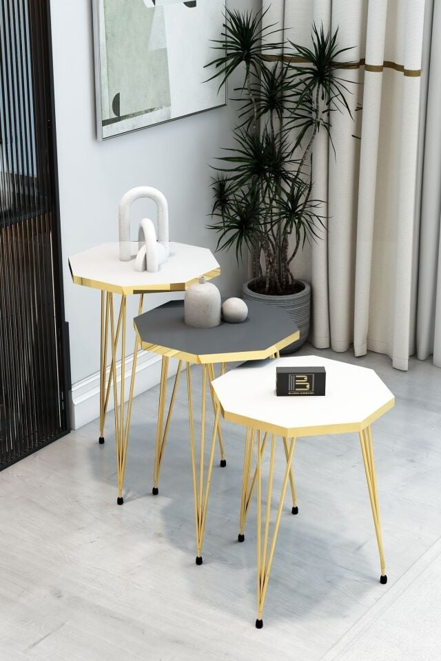 Barın Design 3'lü Sekizgen Zigon Sehpa Seti - Gold Metal Ayaklı, Modern & Şık Yan Sehpa, Dayanıklı Salon Ofis 2 Beyaz 1 Antrasit