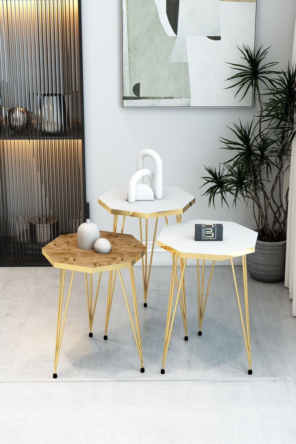 3'lü Sekizgen Zigon Sehpa Seti - Gold Metal Ayaklı, Modern & Şık Yan Sehpa, Dayanıklı Salon Ofis 2 Beyaz 1 Atlantik Çam