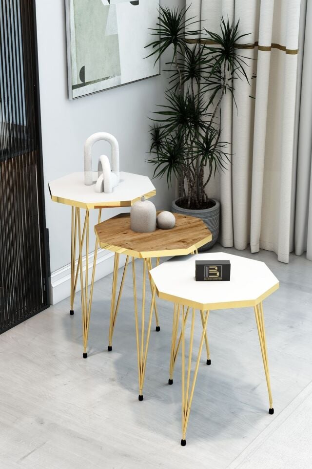 3'lü Sekizgen Zigon Sehpa Seti - Gold Metal Ayaklı, Modern & Şık Yan Sehpa, Dayanıklı Salon Ofis 2 Beyaz 1 Atlantik Çam
