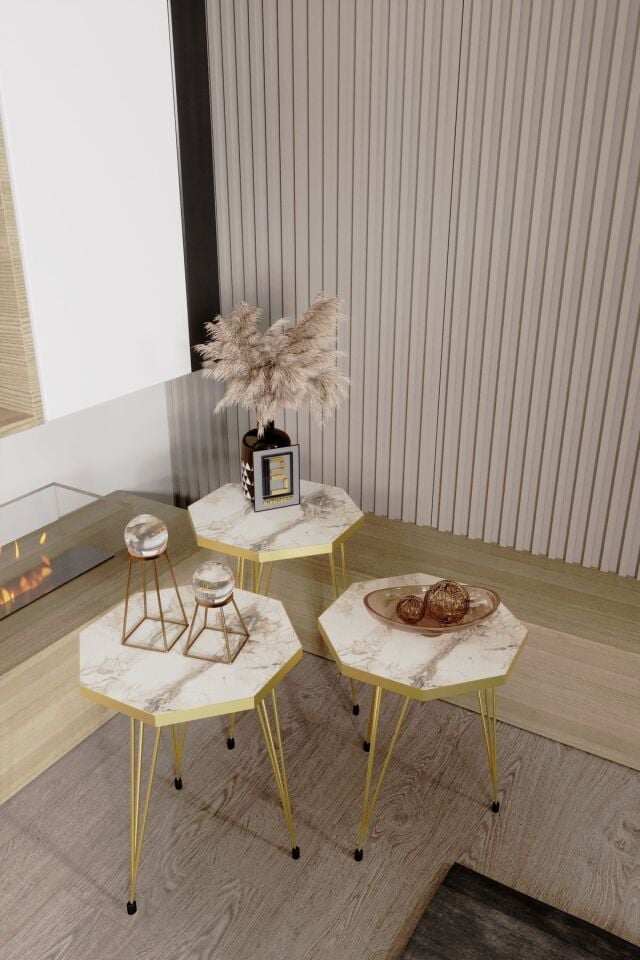 3'lü Sekizgen Zigon Sehpa Seti - Gold Metal Ayaklı, Modern & Şık Yan Sehpa, Dayanıklı Salon Ofis Beyaz Mermer