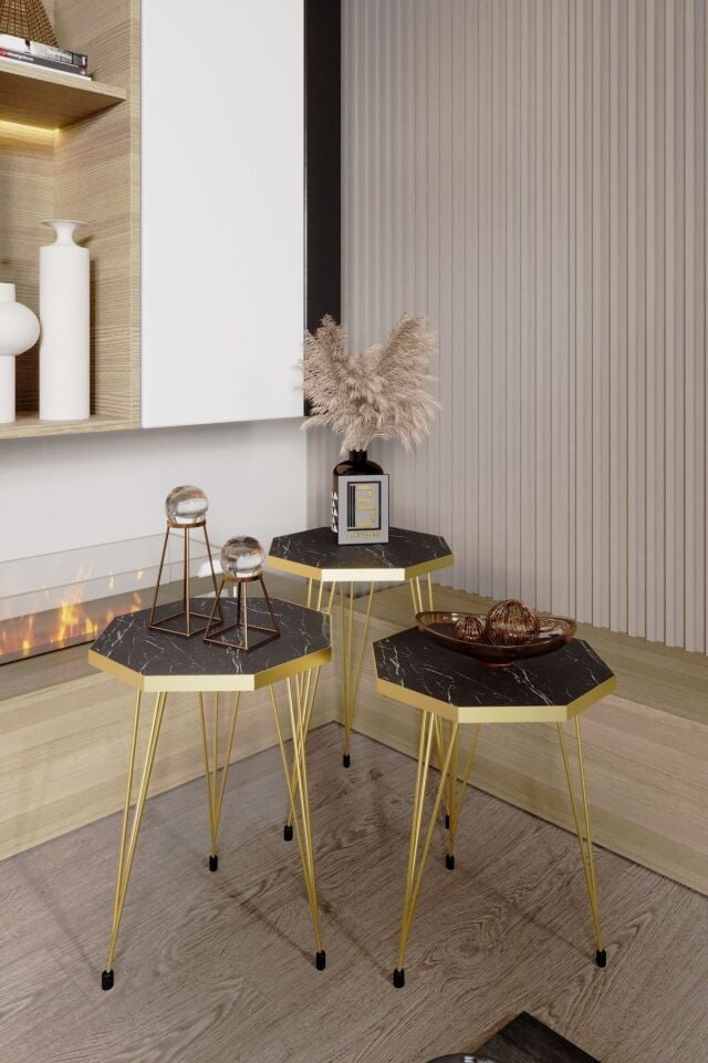 3'lü Sekizgen Zigon Sehpa Seti - Gold Metal Ayaklı, Modern & Şık Yan Sehpa, Dayanıklı Salon Ofis Siyah Mermer