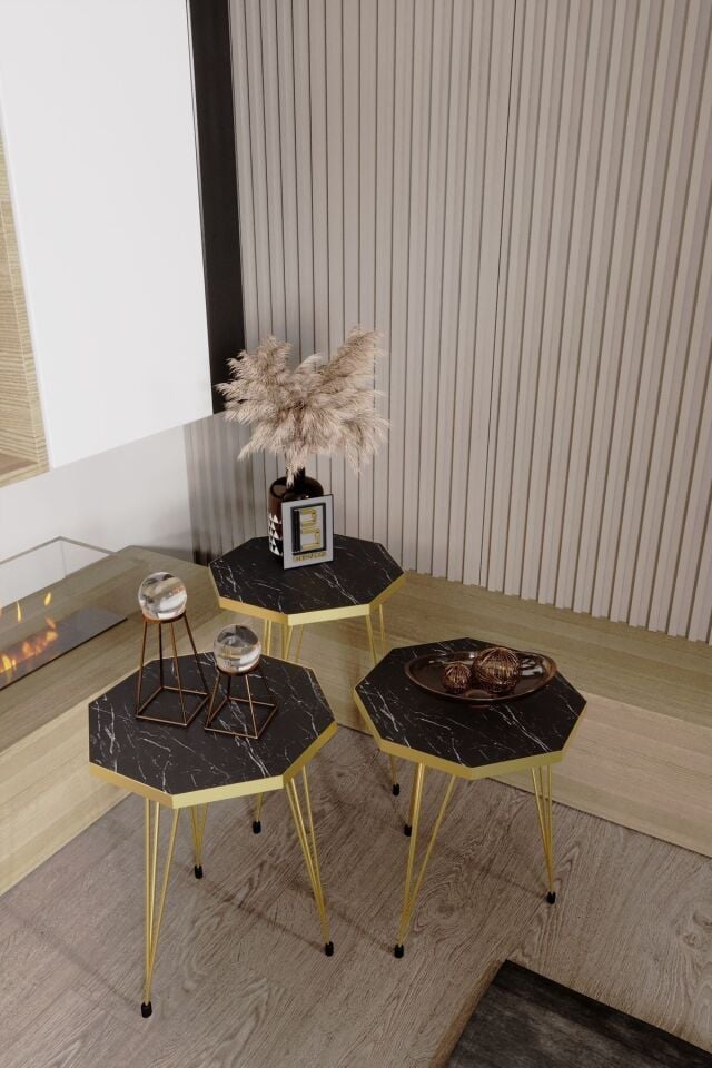 3'lü Sekizgen Zigon Sehpa Seti - Gold Metal Ayaklı, Modern & Şık Yan Sehpa, Dayanıklı Salon Ofis Siyah Mermer