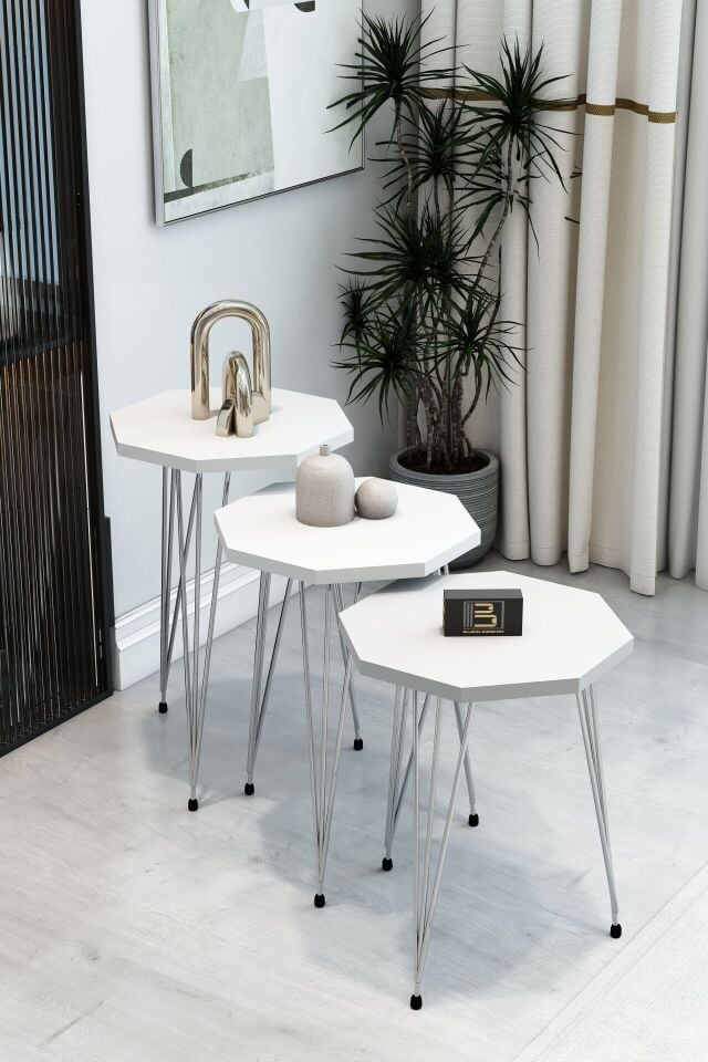 3'lü Sekizgen Zigon Sehpa Seti - Gümüş Metal Ayaklı, Modern & Şık Yan Sehpa, Dayanıklı Salon Ofis Beyaz