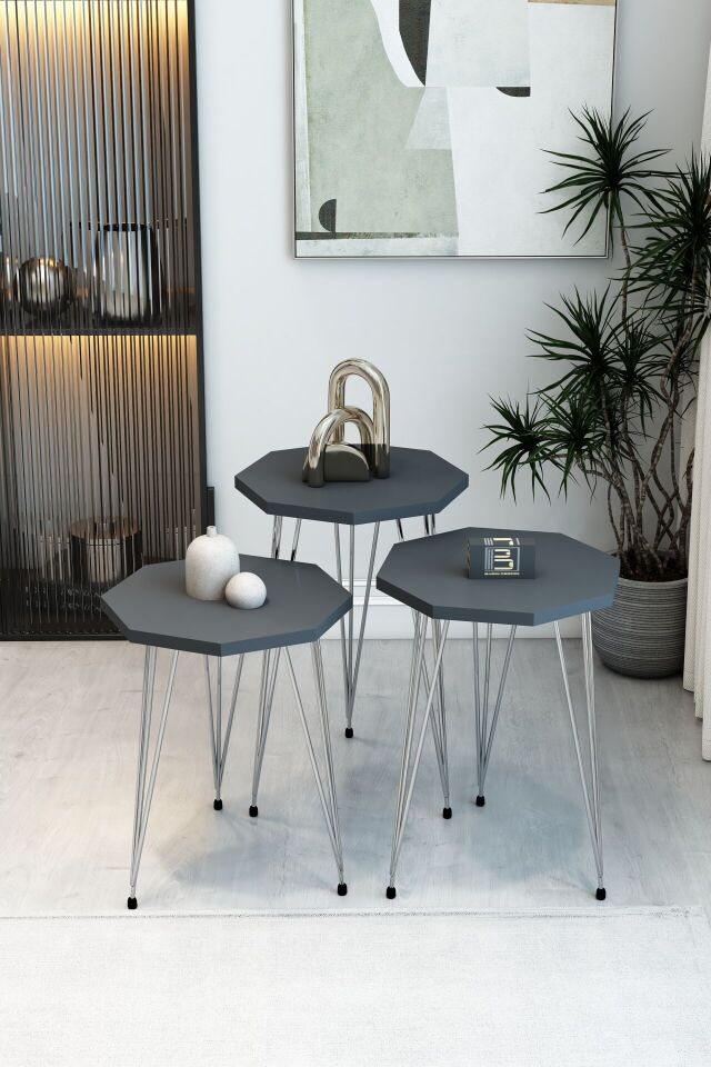 3'lü Sekizgen Zigon Sehpa Seti - Gümüş Metal Ayaklı, Modern & Şık Yan Sehpa, Dayanıklı Salon Ofis Beyaz