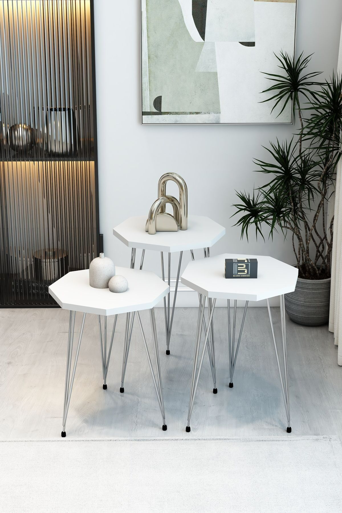 3'lü Sekizgen Zigon Sehpa Seti - Gümüş Metal Ayaklı, Modern & Şık Yan Sehpa, Dayanıklı Salon Ofis Beyaz