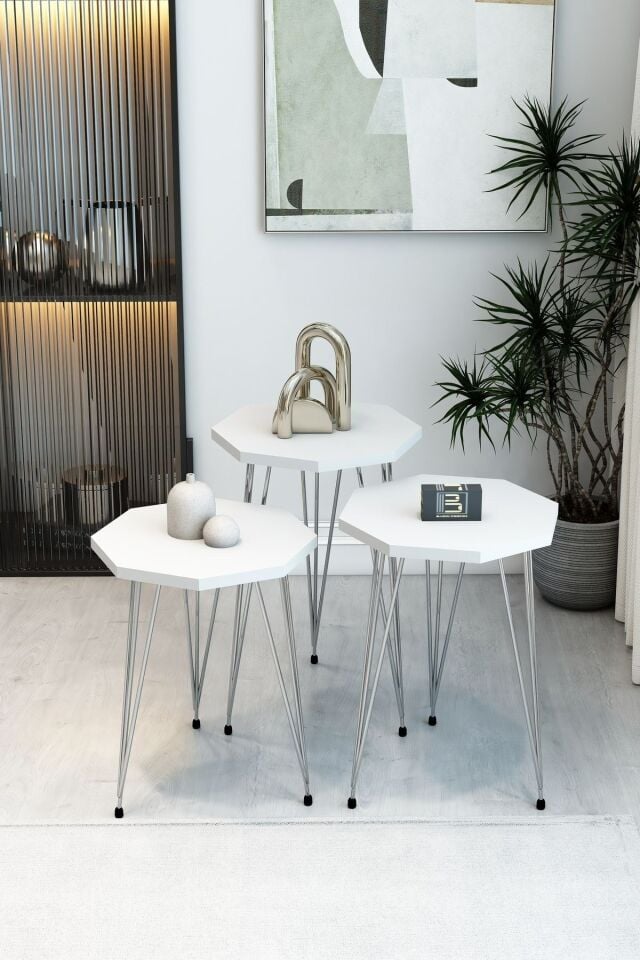 3'lü Sekizgen Zigon Sehpa Seti - Gümüş Metal Ayaklı, Modern & Şık Yan Sehpa, Dayanıklı Salon Ofis Beyaz