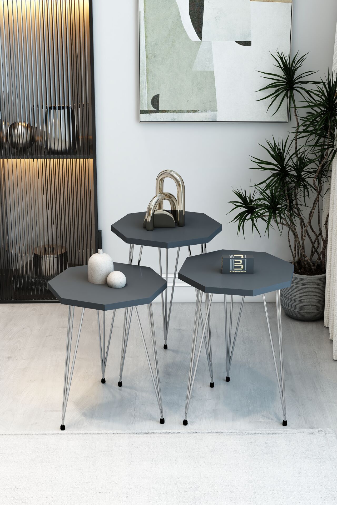 3'lü Sekizgen Zigon Sehpa Seti - Gümüş Metal Ayaklı, Modern & Şık Yan Sehpa, Dayanıklı Salon Ofis Antrasit