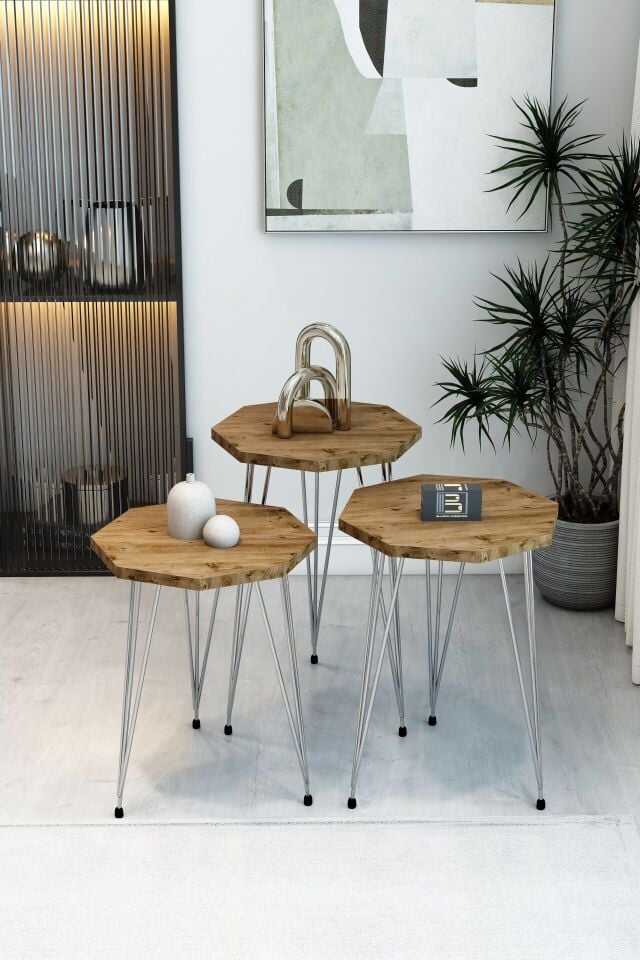 3'lü Sekizgen Zigon Sehpa Seti - Gümüş Metal Ayaklı, Modern & Şık Yan Sehpa, Dayanıklı Salon Ofis Atlantik Çam