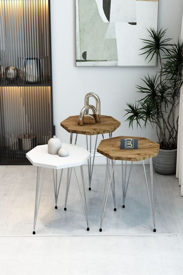 3'lü Sekizgen Zigon Sehpa Seti - Gümüş Metal Ayaklı, Modern & Şık Yan Sehpa, Dayanıklı Salon Ofis 1 Beyaz 2 Atlantik Çam