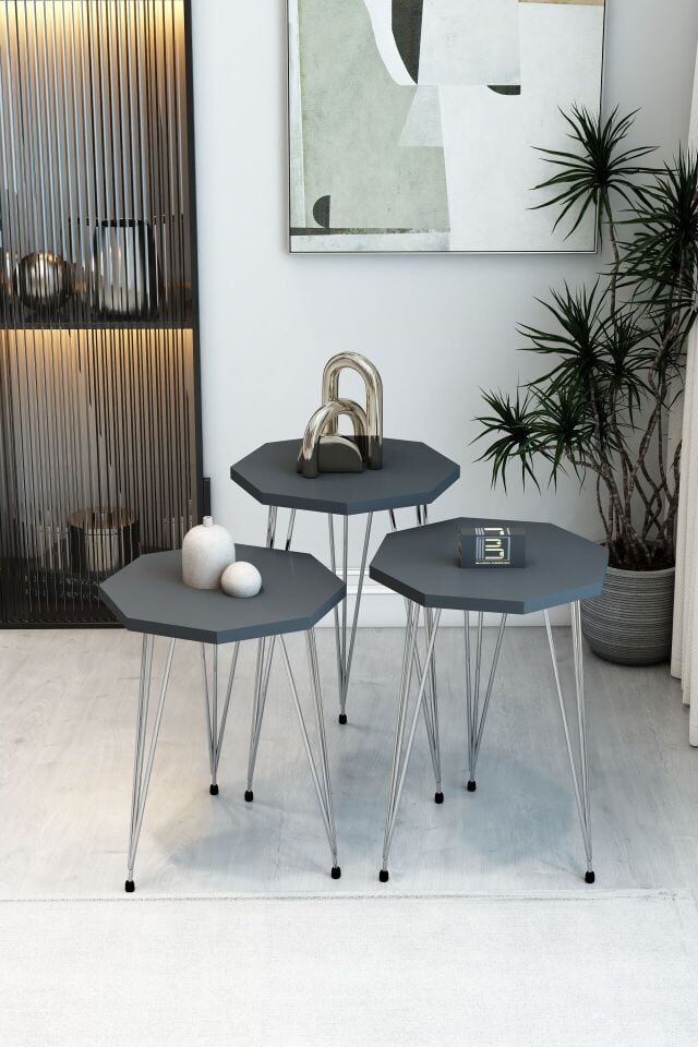 3'lü Sekizgen Zigon Sehpa Seti - Gümüş Metal Ayaklı, Modern & Şık Yan Sehpa, Dayanıklı Salon Ofis 1 Beyaz 2 Atlantik Çam