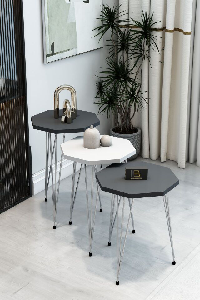 3'lü Sekizgen Zigon Sehpa Seti - Gümüş Metal Ayaklı, Modern & Şık Yan Sehpa, Dayanıklı Salon Ofis 1 Beyaz 2 Antrasit