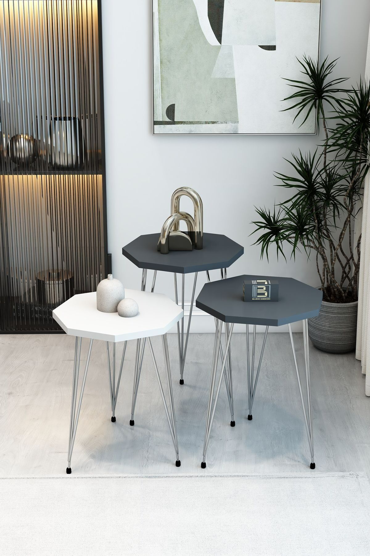 3'lü Sekizgen Zigon Sehpa Seti - Gümüş Metal Ayaklı, Modern & Şık Yan Sehpa, Dayanıklı Salon Ofis 1 Beyaz 2 Antrasit