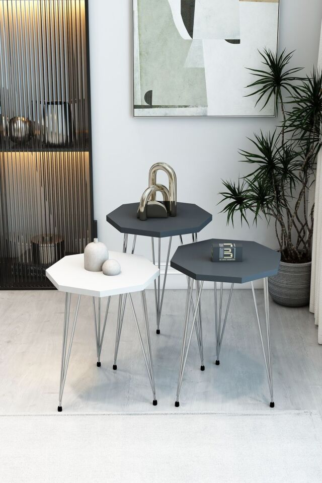 3'lü Sekizgen Zigon Sehpa Seti - Gümüş Metal Ayaklı, Modern & Şık Yan Sehpa, Dayanıklı Salon Ofis 1 Beyaz 2 Antrasit