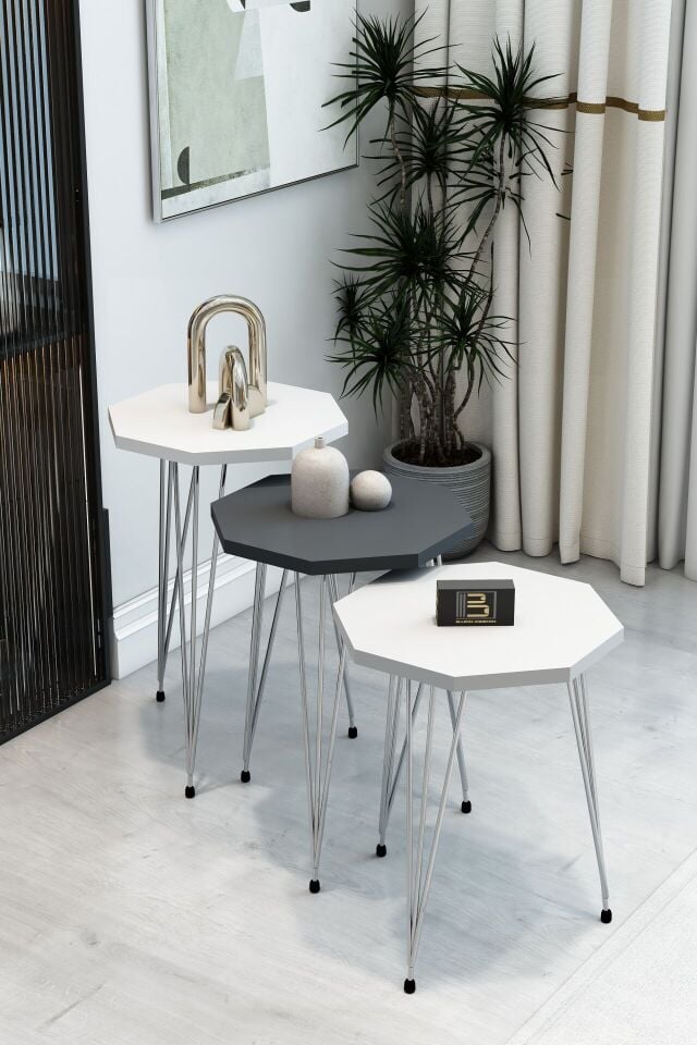 3'lü Sekizgen Zigon Sehpa Seti - Gümüş Metal Ayaklı, Modern & Şık Yan Sehpa, Dayanıklı Salon Ofis 2 Beyaz 1 Antrasit