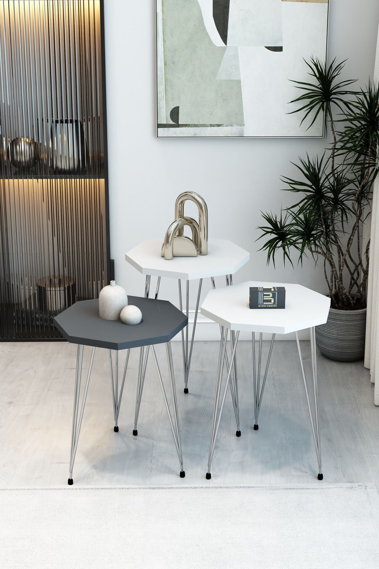 Barın Design 3'lü Sekizgen Zigon Sehpa Seti - Gümüş Metal Ayaklı, Modern & Şık Yan Sehpa, Dayanıklı Salon Ofis 2 Beyaz 1 Antrasit