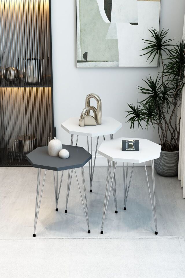 3'lü Sekizgen Zigon Sehpa Seti - Gümüş Metal Ayaklı, Modern & Şık Yan Sehpa, Dayanıklı Salon Ofis 2 Beyaz 1 Antrasit