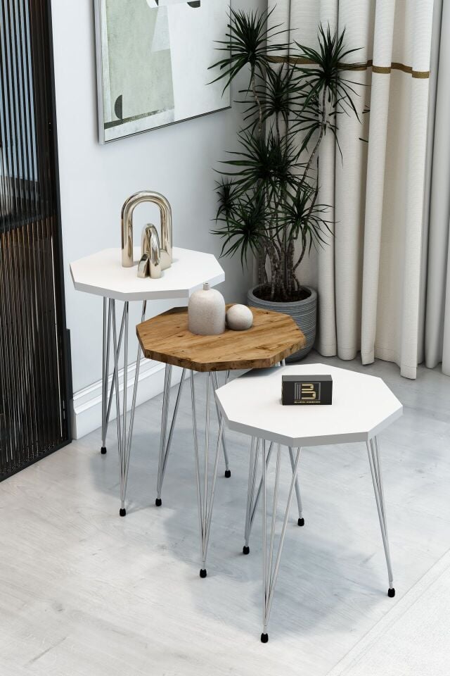 3'lü Sekizgen Zigon Sehpa Seti - Gümüş Metal Ayaklı, Modern & Şık Yan Sehpa, Dayanıklı Salon Ofis 2 Beyaz 1 Atlantik Çam