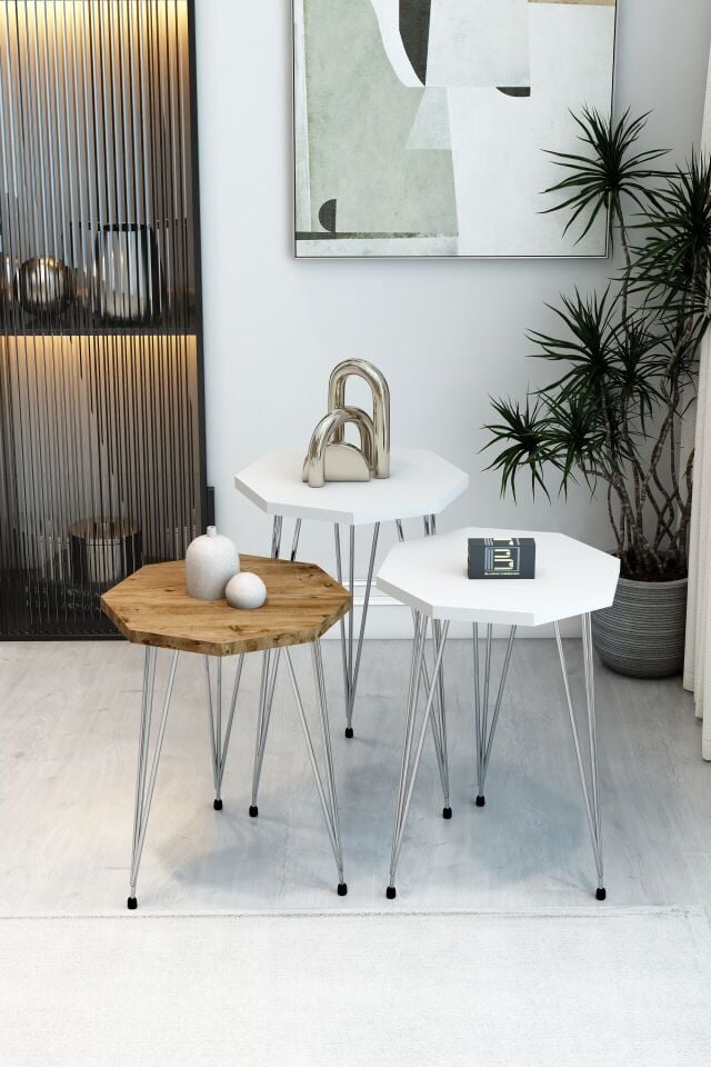 3'lü Sekizgen Zigon Sehpa Seti - Gümüş Metal Ayaklı, Modern & Şık Yan Sehpa, Dayanıklı Salon Ofis 2 Beyaz 1 Atlantik Çam