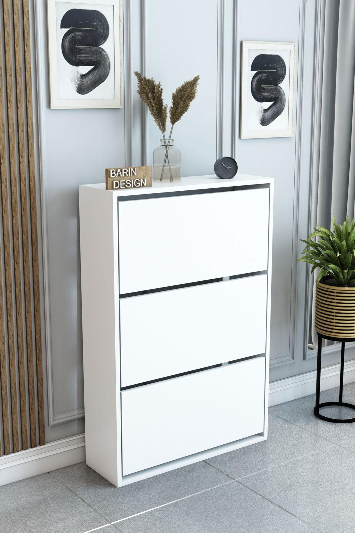 3 Raflı Ayakkabılık Düşer Kapak Kayar Kapak Vestiyer Portmanto Katlı Bölmeli Kapı Önü Modern Beyaz