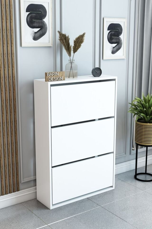 3 Raflı Ayakkabılık Düşer Kapak Kayar Kapak Vestiyer Portmanto Katlı Bölmeli Kapı Önü Modern Beyaz