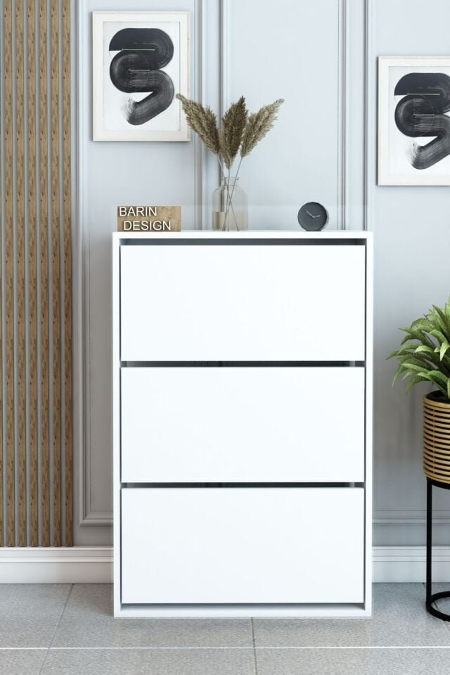 3 Raflı Ayakkabılık Düşer Kapak Kayar Kapak Vestiyer Portmanto Katlı Bölmeli Kapı Önü Modern Beyaz