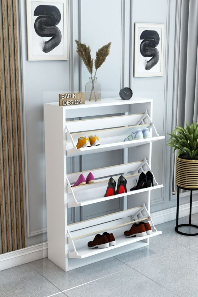 3 Raflı Ayakkabılık Düşer Kapak Kayar Kapak Vestiyer Portmanto Katlı Bölmeli Kapı Önü Modern Beyaz