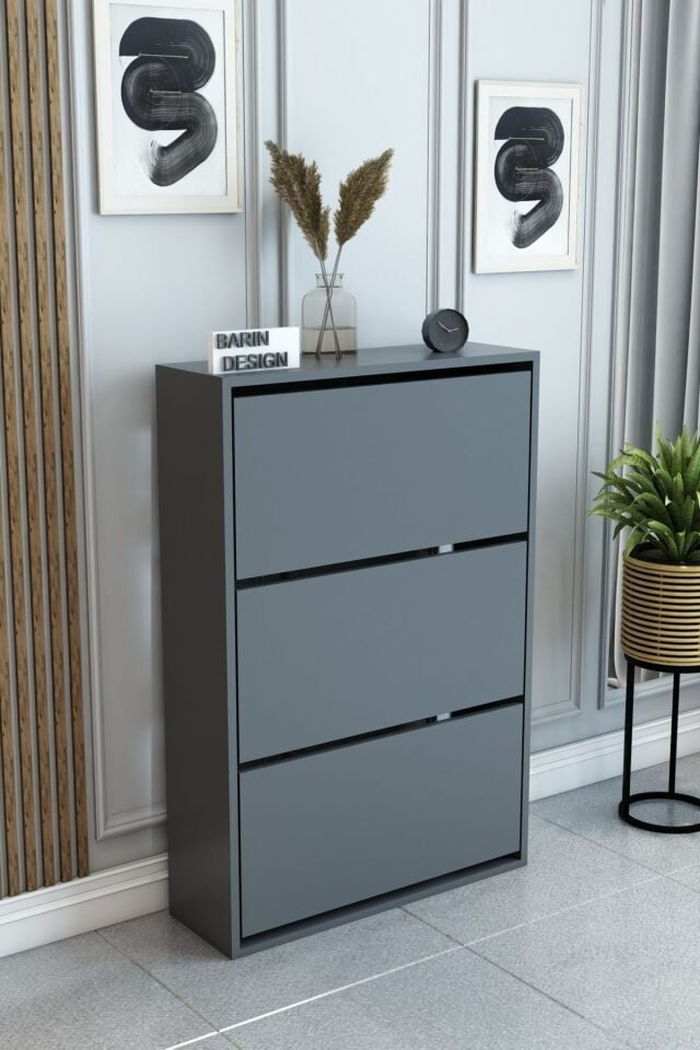 3 Raflı Ayakkabılık Düşer Kapak Kayar Kapak Vestiyer Portmanto Katlı Bölmeli Kapı Önü Modern Antrasit