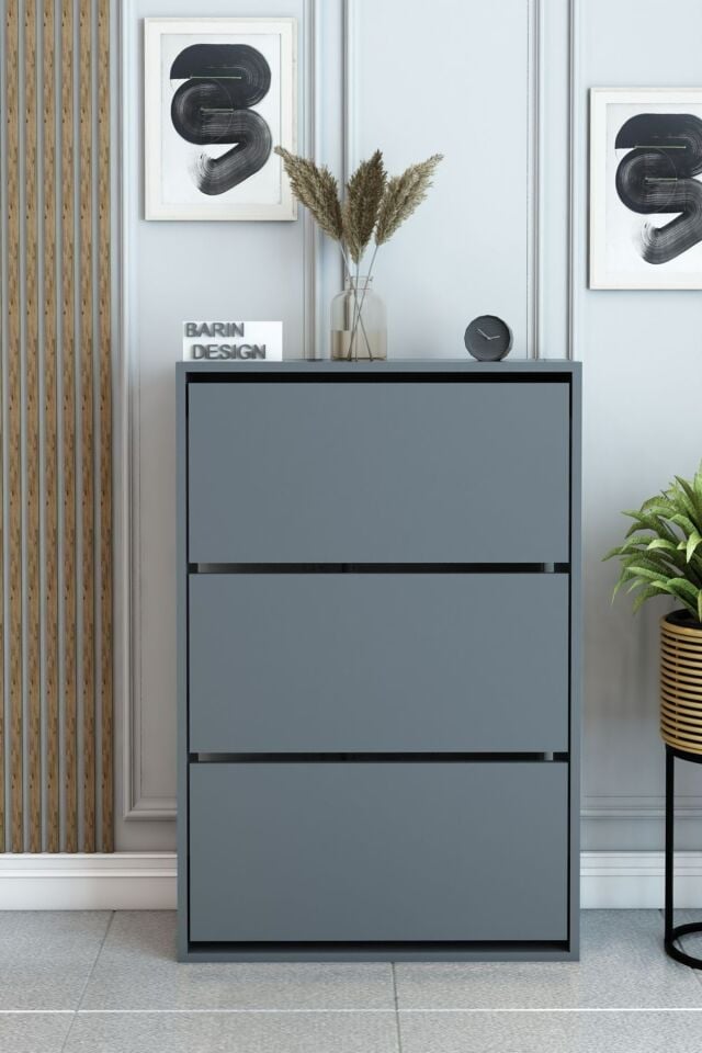 3 Raflı Ayakkabılık Düşer Kapak Kayar Kapak Vestiyer Portmanto Katlı Bölmeli Kapı Önü Modern Antrasit