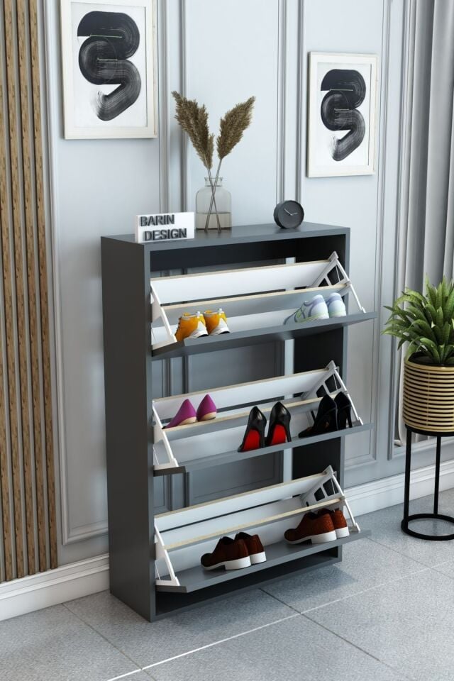 3 Raflı Ayakkabılık Düşer Kapak Kayar Kapak Vestiyer Portmanto Katlı Bölmeli Kapı Önü Modern Antrasit