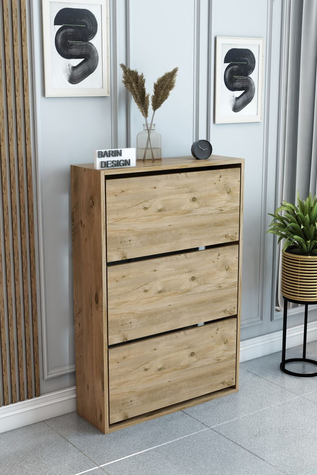 3 Raflı Ayakkabılık Düşer Kapak Kayar Kapak Vestiyer Portmanto Katlı Bölmeli Kapı Önü Modern Atlantik Çam