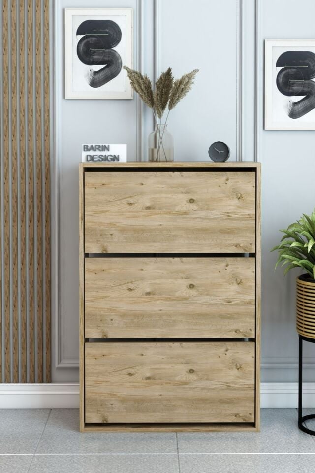 3 Raflı Ayakkabılık Düşer Kapak Kayar Kapak Vestiyer Portmanto Katlı Bölmeli Kapı Önü Modern Atlantik Çam