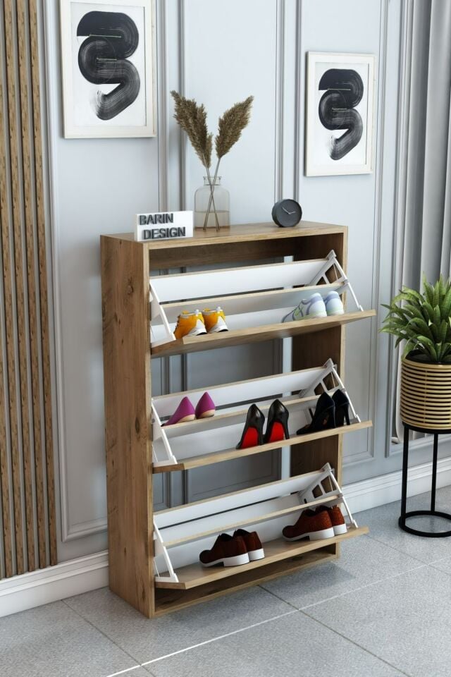 3 Raflı Ayakkabılık Düşer Kapak Kayar Kapak Vestiyer Portmanto Katlı Bölmeli Kapı Önü Modern Atlantik Çam