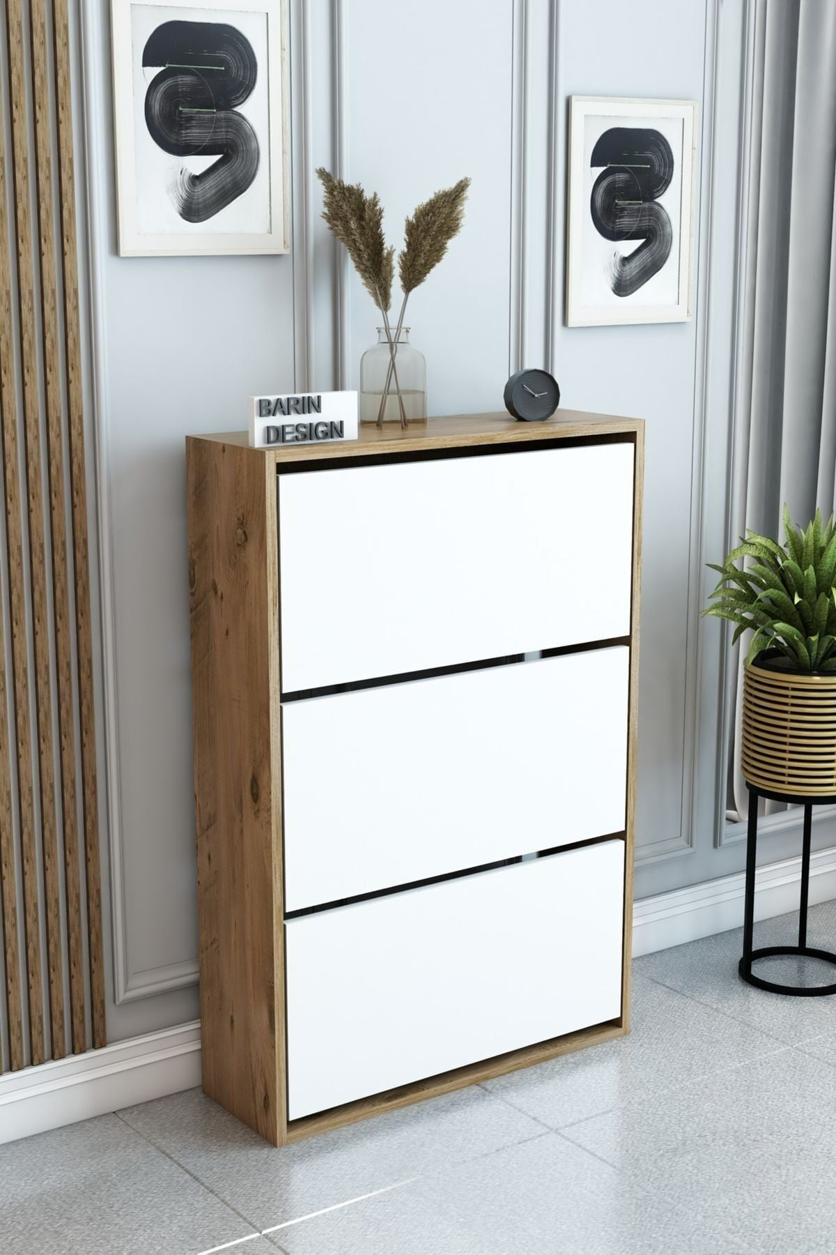 Barın Design 3 Raflı Ayakkabılık Düşer Kapak Kayar Kapak Vestiyer Portmanto Katlı Bölmeli Kapı Önü Modern Atlantik Çam- Beyaz
