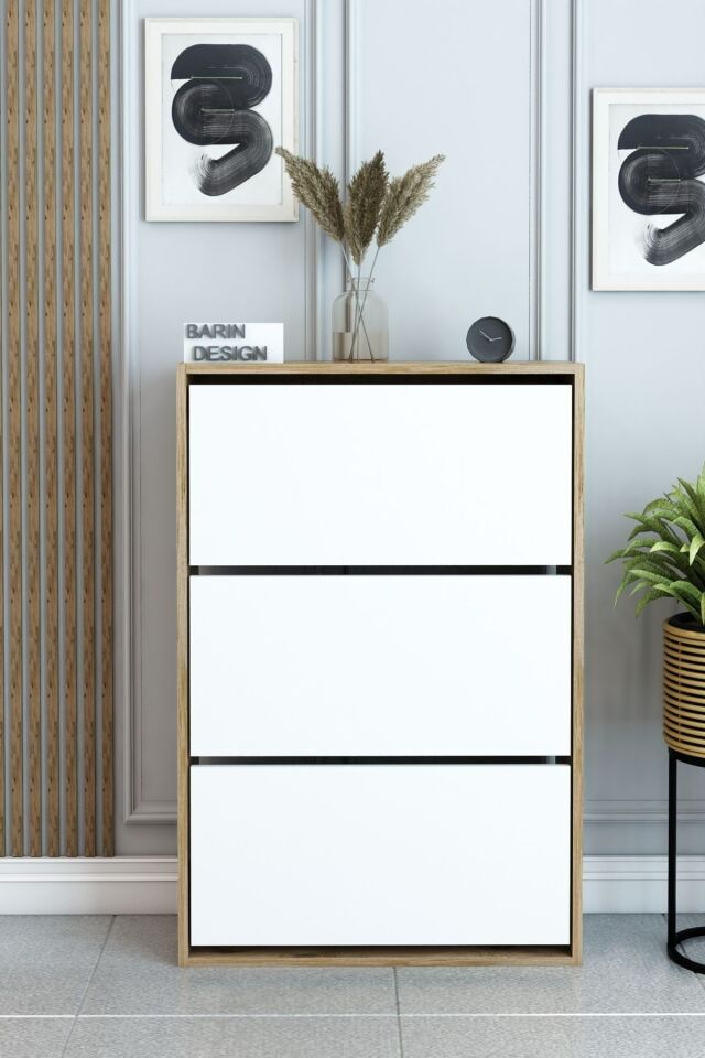 3 Raflı Ayakkabılık Düşer Kapak Kayar Kapak Vestiyer Portmanto Katlı Bölmeli Kapı Önü Modern Atlantik Çam- Beyaz