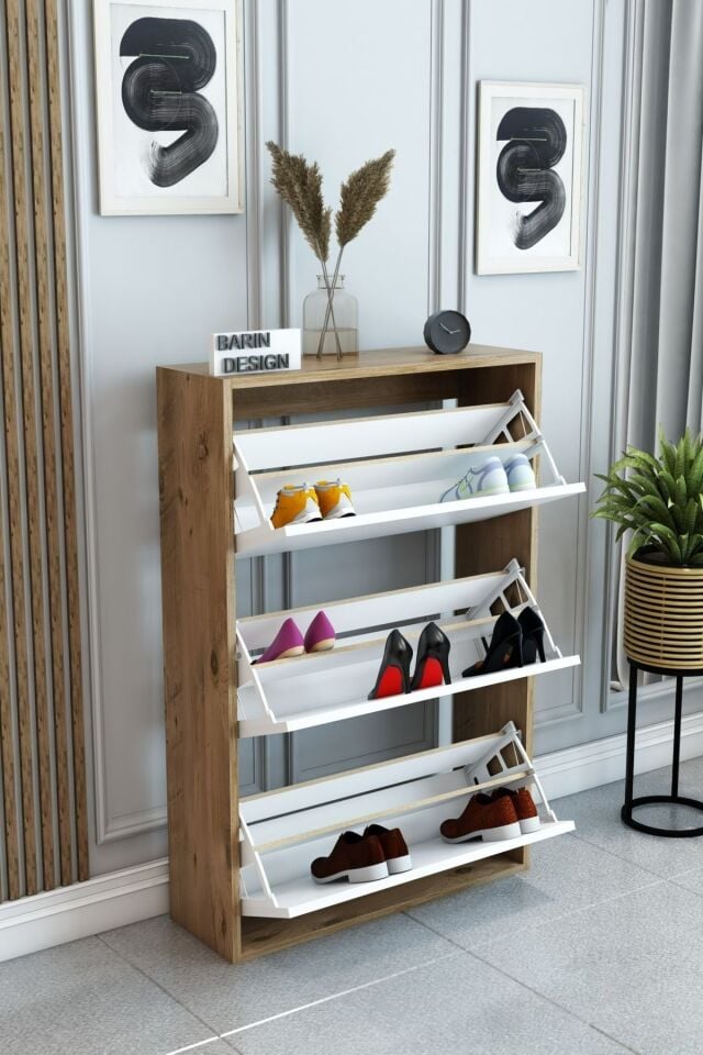3 Raflı Ayakkabılık Düşer Kapak Kayar Kapak Vestiyer Portmanto Katlı Bölmeli Kapı Önü Modern Atlantik Çam- Beyaz