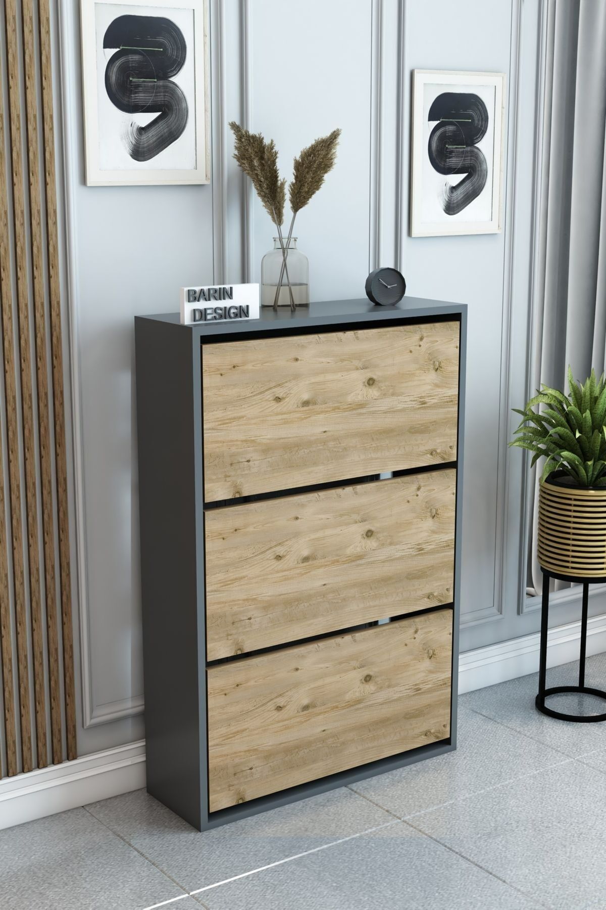 3 Raflı Ayakkabılık Düşer Kapak Kayar Kapak Vestiyer Portmanto Katlı Bölmeli Kapı Önü Modern Atlantik Çam-Antrasit